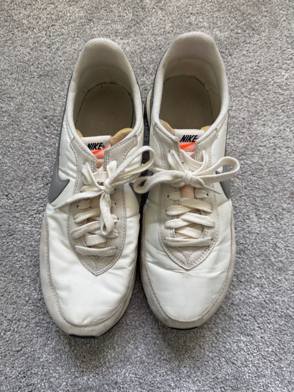 Nike Men's White and Gray Sneakers with Peach Tongue Detail